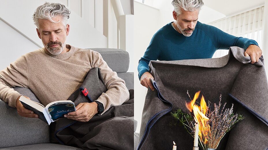 Die Wohndecken & Plaids von ASK THE FOX schenken kuschelige Wärme und verwandeln sich im Ernstfall in eine Brand-schutzdecke: Dank ihrer feuerfesten Faser bieten sie Schutz und können entstehende Brände im Handumdrehen ersticken.