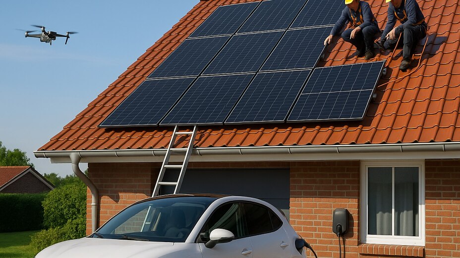 Zwei Handwerker installieren schwarze Solarmodule auf dem roten Ziegeldach eines Einfamilienhauses. Eine Drohne schwebt darüber, während im Vordergrund ein Elektroauto an einer Ladestation angeschlossen ist.