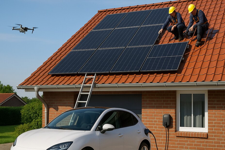Zwei Handwerker installieren schwarze Solarmodule auf dem roten Ziegeldach eines Einfamilienhauses. Eine Drohne schwebt darüber, während im Vordergrund ein Elektroauto an einer Ladestation angeschlossen ist.