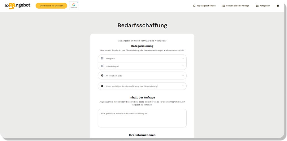 Anfrageseite auf TopAngebot.de mit Formular, über das Nutzer ihre Anfrage stellen und Unternehmen qualifizierte Leads erhalten.