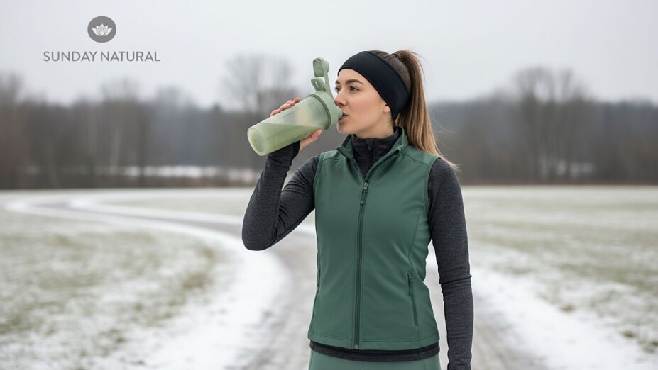 Eine Frau in Sportkleidung trinkt unterwegs im Freien einen Sunday Natural Shake.