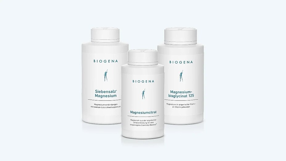 BIOGENA Magnesiumpräparate: Je eine Dose von Siebensalz Magnesium Komplex, Magnesiumcitrat und Magnesiumbisglycinat 125
