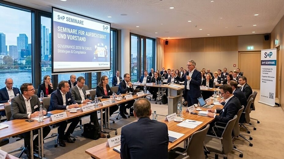 Alt=Ein Referent spricht vor einer Gruppe von Teilnehmern an einem langen Tisch bei einem S+P Seminar für Aufsichtsrat und Vorstand zum Thema Governance 2026.