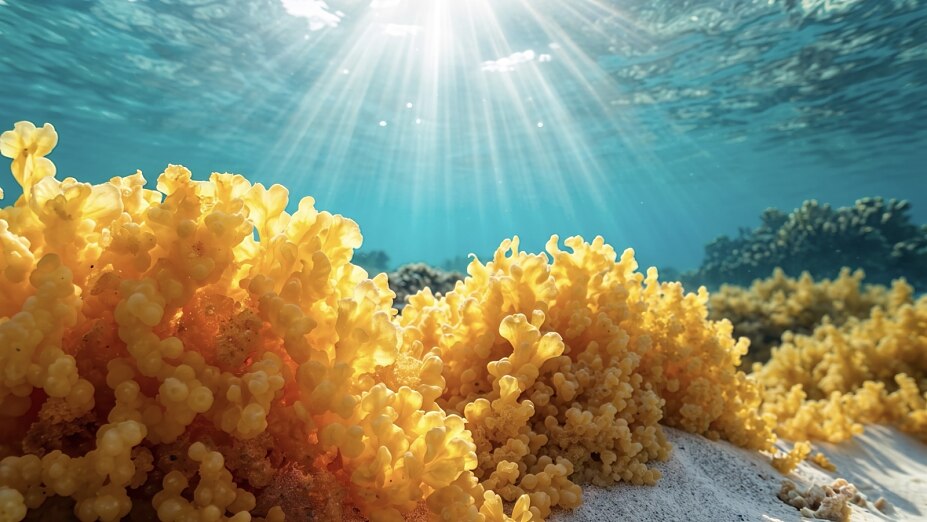 Sonnenstrahlen bescheinen Meeresalgen unter der Wasseroberfläche