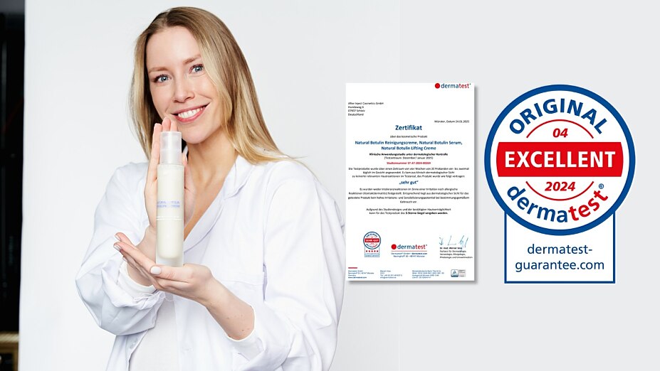 Frau hält eine After Inject Natural Botulin Lifting Creme neben einem Dermatest-Zertifikat und dem Dermatest-Excellent-Siegel.