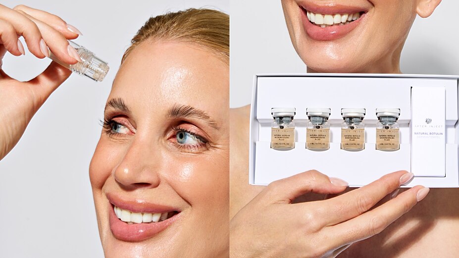 Frau hält das geöffnete After Inject Natural Botulin Microneedling System mit Dermastempel und vier Natural Botulin Fluid Ampullen.