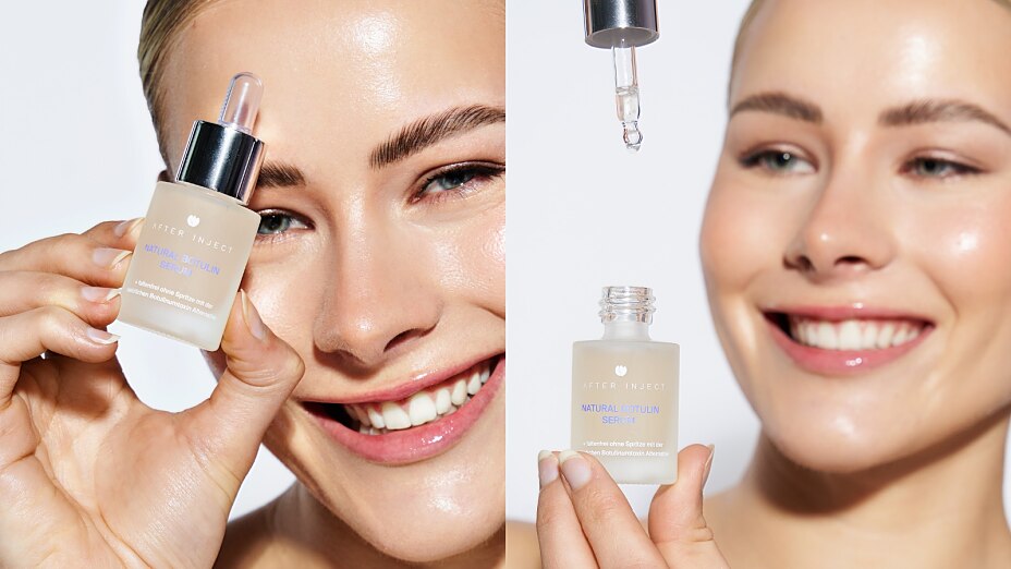 Frau hält das After Inject Natural Botulin Serum neben ihr Gesicht; daneben wird eine Pipette über dem geöffneten Serumflakon gezeigt.