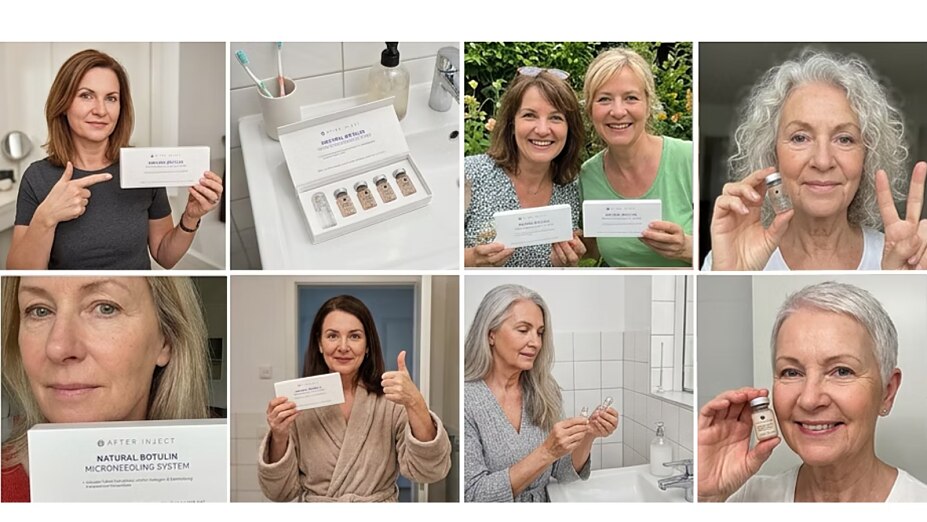Collage mit Frauen, die das After Inject Natural Botulin Microneedling System und die dazugehörigen Ampullen zeigen und anwenden.