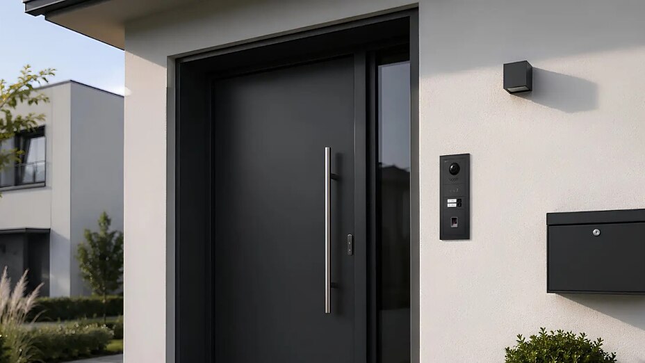 Anthrazitfarbene Goliath Premium IP Außenstation mit Kamera und Fingerprint neben einer modernen Haustür