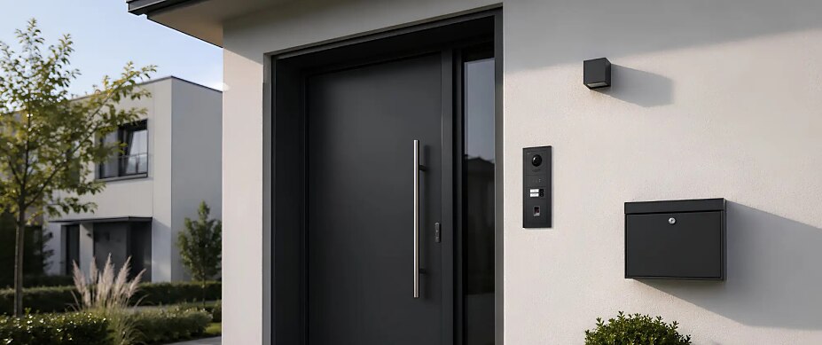 Anthrazitfarbene Goliath Premium IP Außenstation mit Kamera und Fingerprint neben einer modernen Haustür