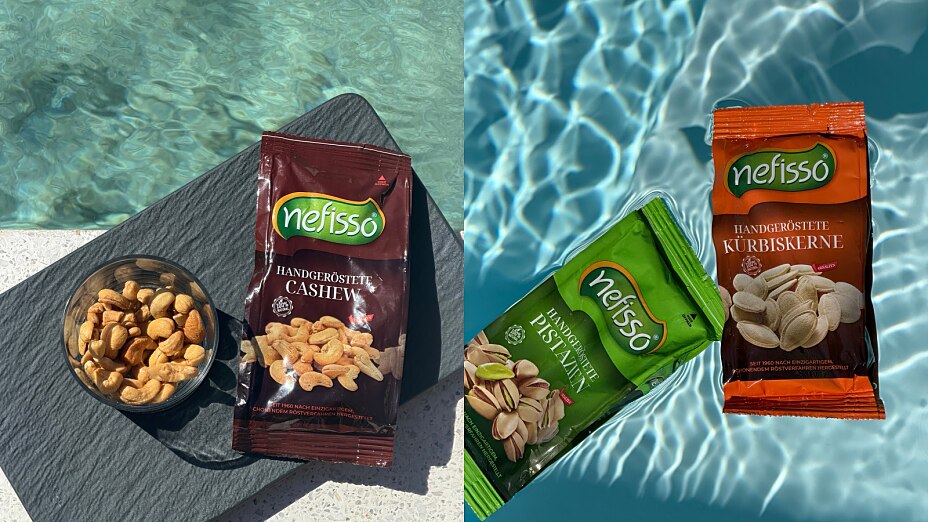 Zwei Fotos nebeneinander: Nefisso Cashews mit einer Schale Nüssen am Pool sowie Pistazien und Kürbiskerne vor blauem Wasser