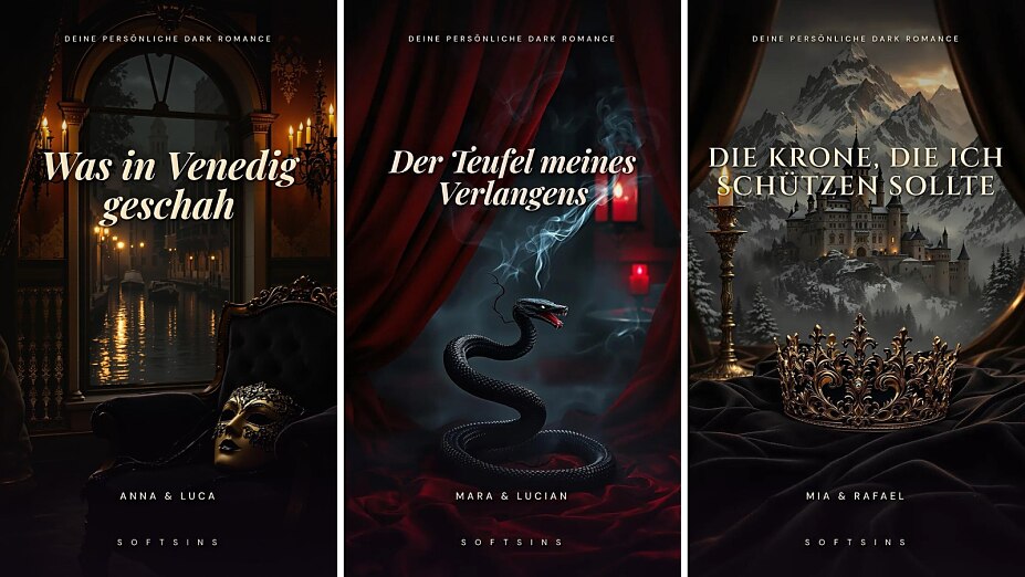 Drei personalisierte Dark-Romance-Buchcover: Venedig bei Nacht, Schlange vor rotem Vorhang, Krone vor Bergschloss