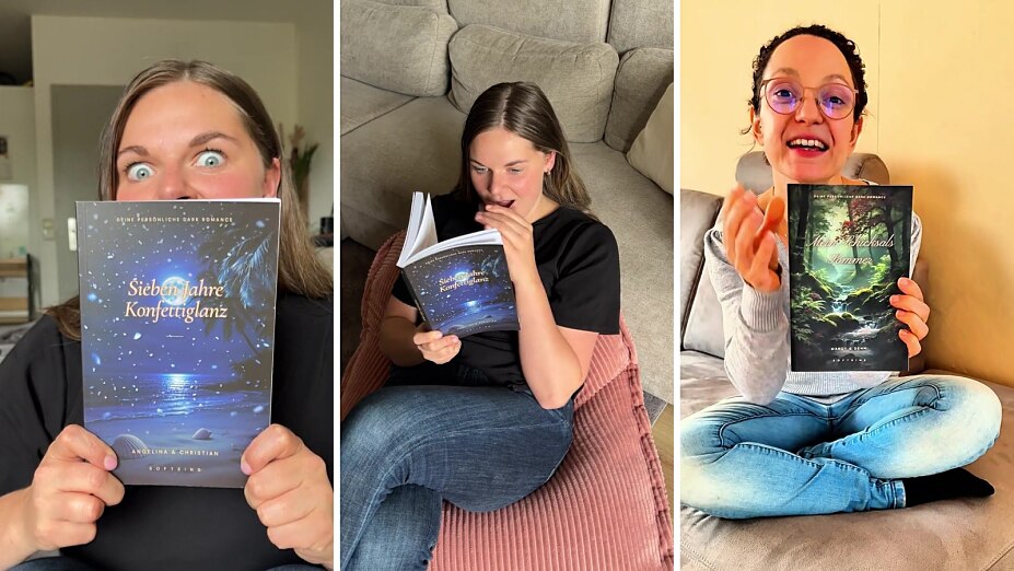 Drei Leserinnen reagieren überrascht und begeistert auf ihr personalisiertes Dark-Romance-Buch