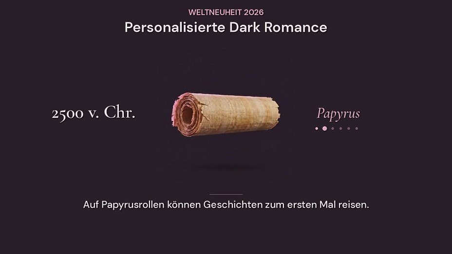 Animierte Zeitreise durch die Geschichte des Buches, von Hieroglyphen auf einer Steintafel bis zum personalisierten Buch von SoftSins